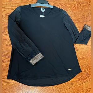 Anne Klein Long Sheer Sleeve Blouse With Sequin Wristband Size S